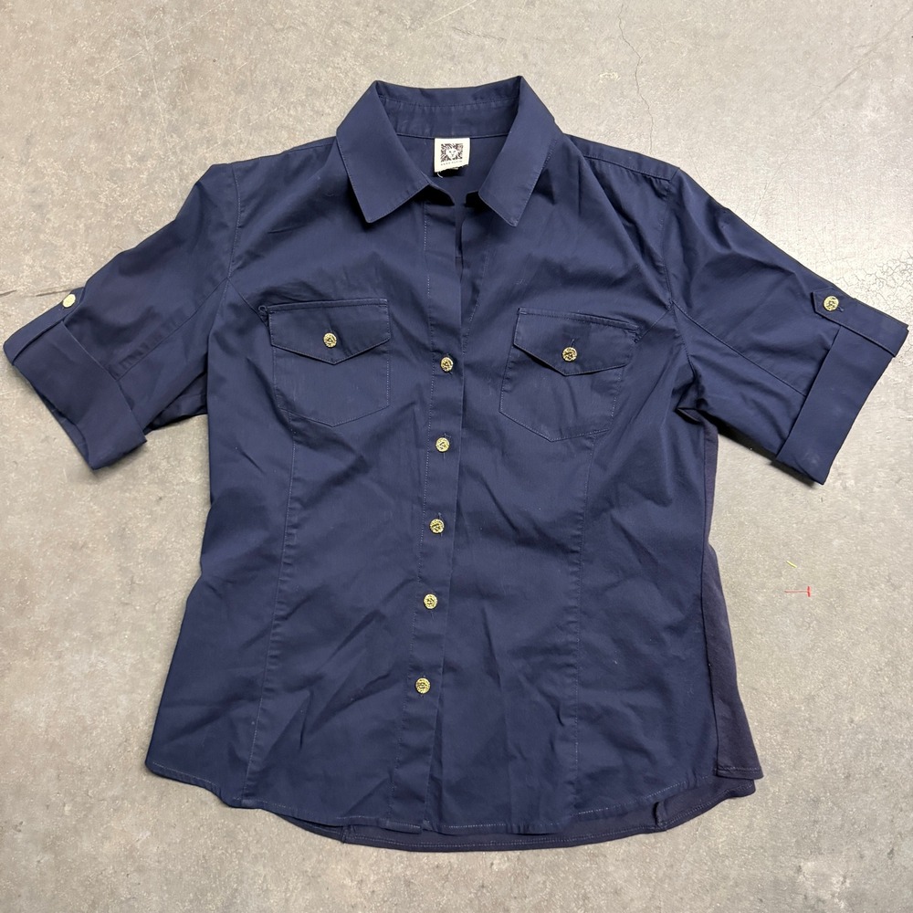Anne Klein Navy Blue Short Sleeve Button Down Utility Shirt Gold Lion Buttons